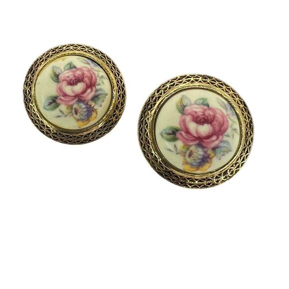 Vintage Floral Transfer Acrylic Stud Earrings Round Ornate Gold Tone Surround - Picture 1 of 5